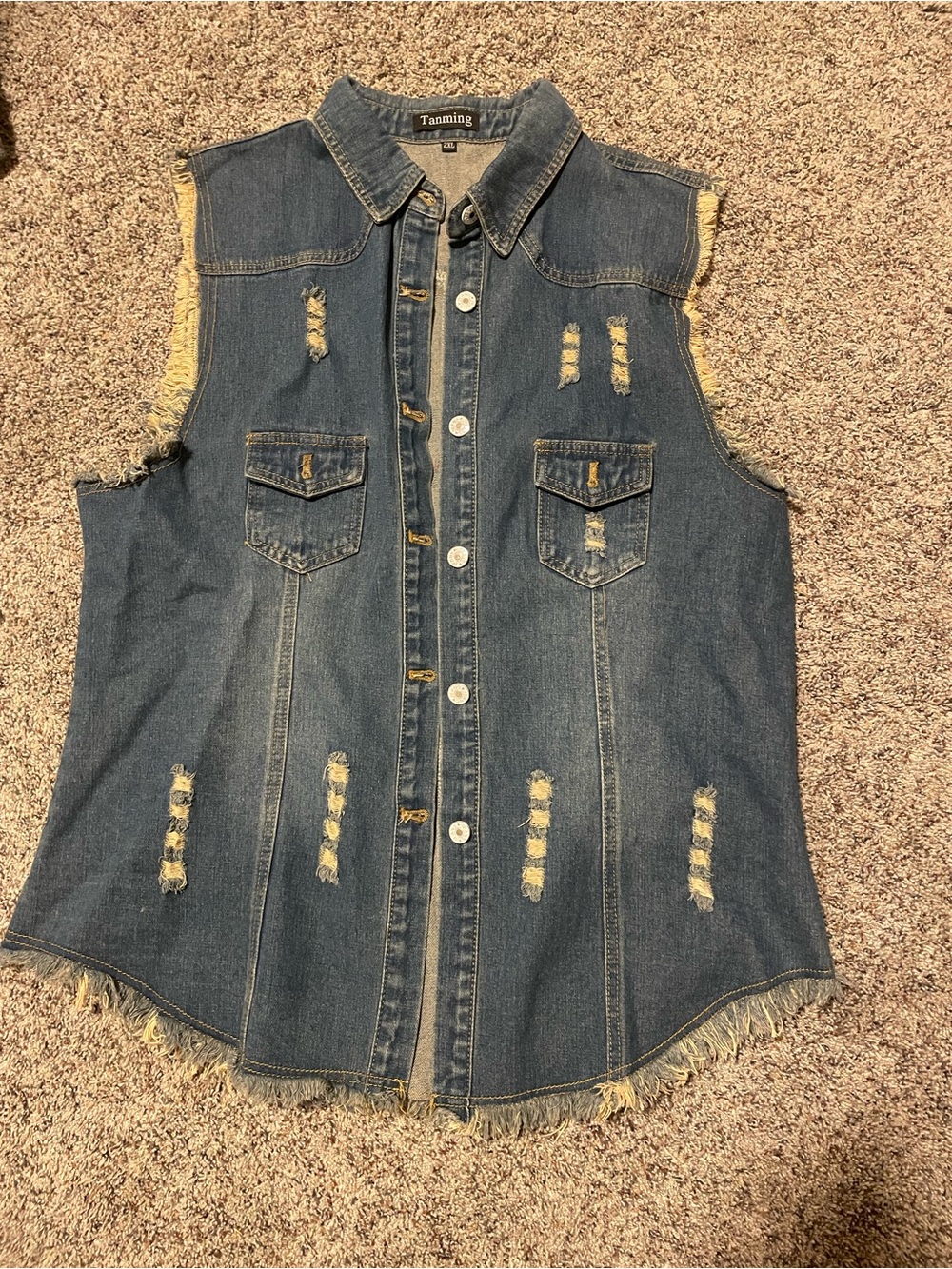 Tanning Sleeveless Distressed Denim Vest - Blue